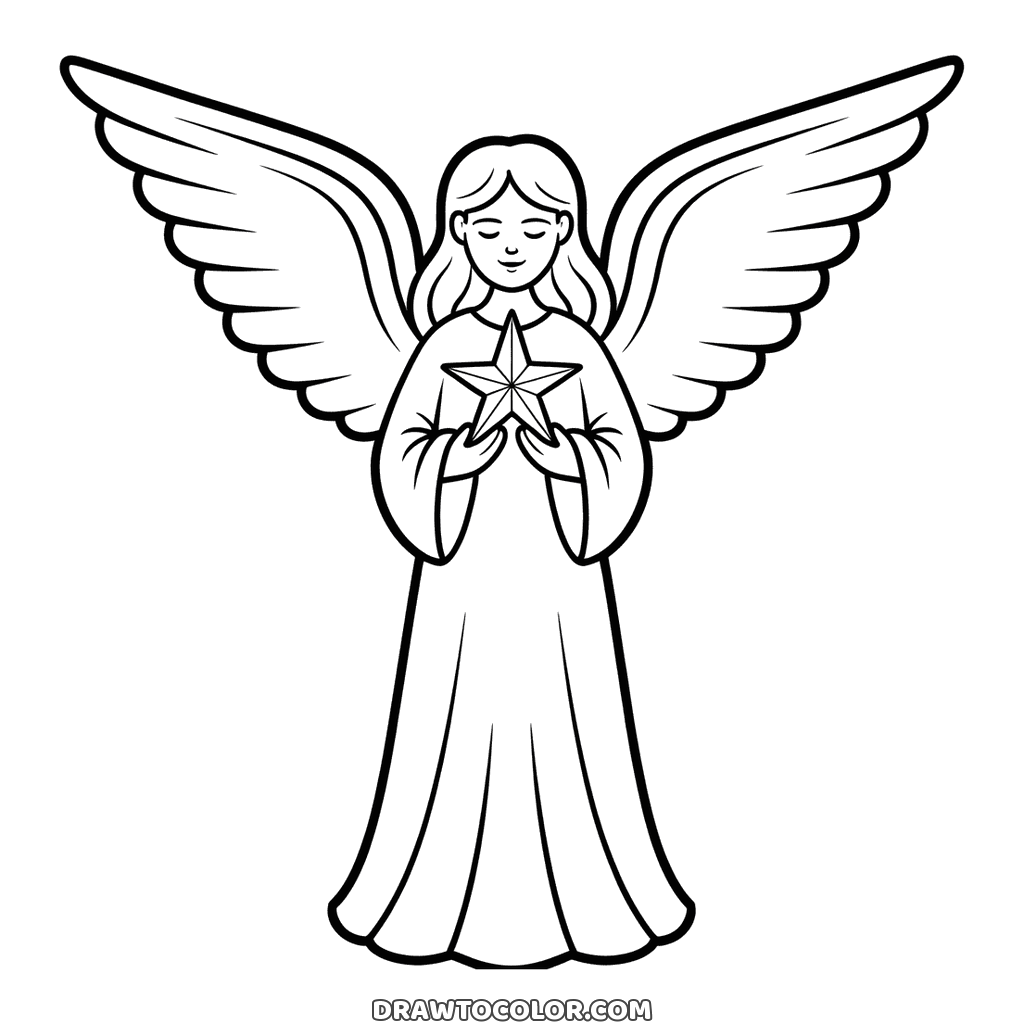 Christmas angel to color for older kids, feathered wings and a long dress, a star held in both hands
