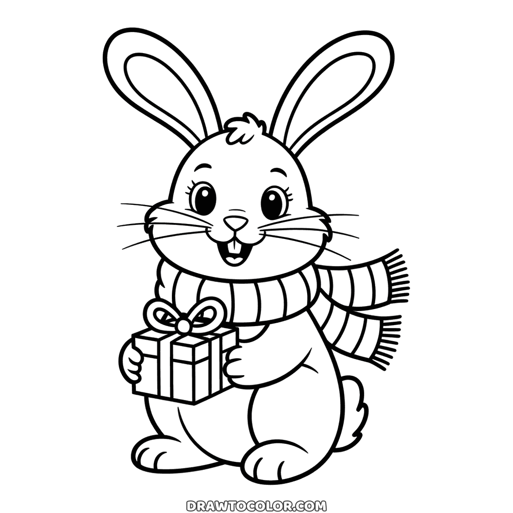 Cute Christmas bunny coloring page with long ears and a striped scarf, a present in its paws