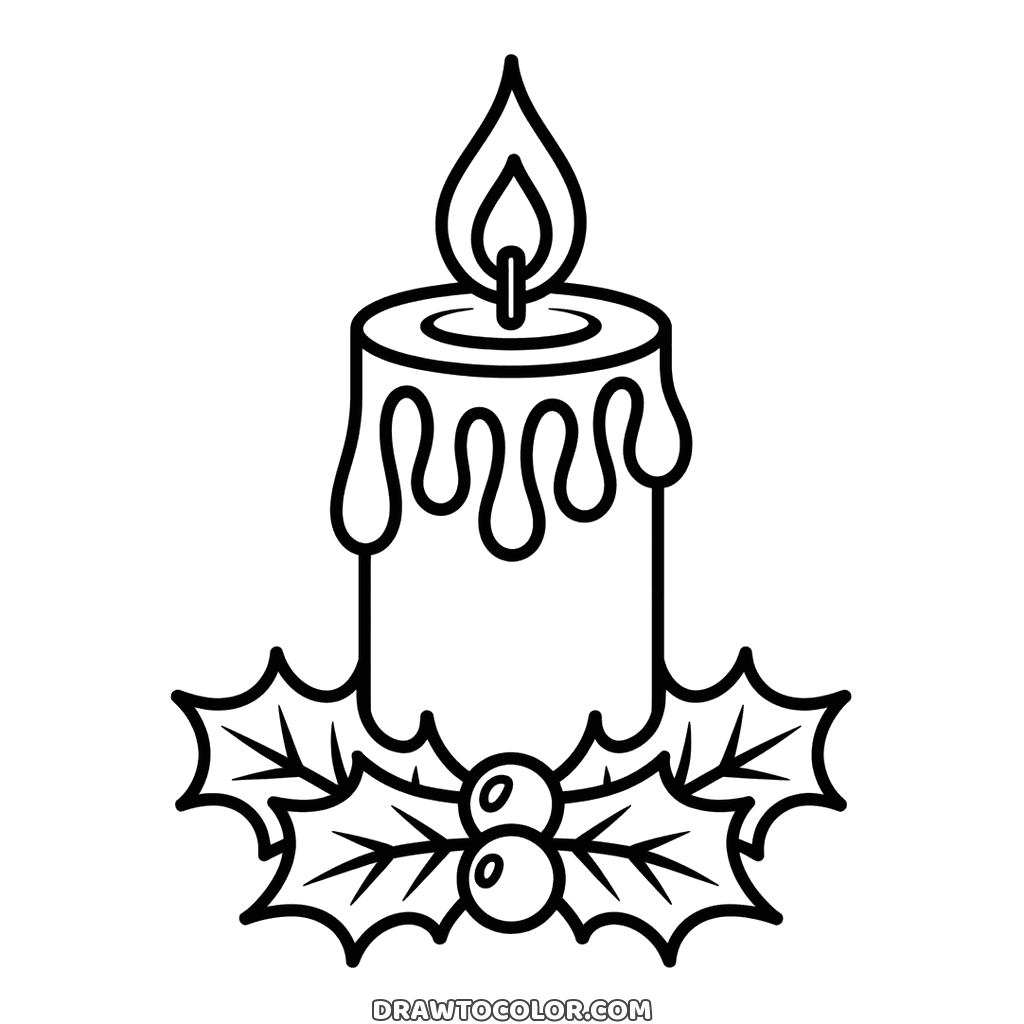 Easy Christmas candle coloring page, wax dripping down the sides and two berries in the holly