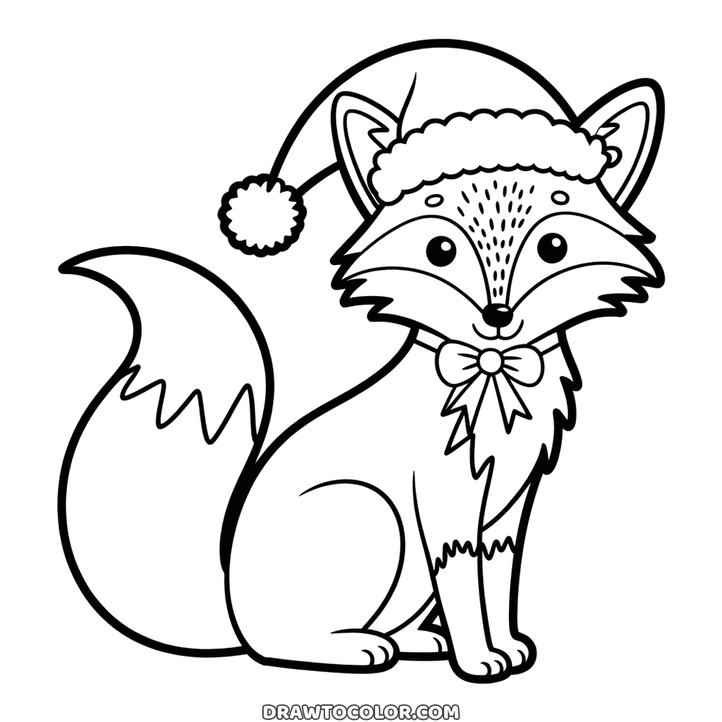 Cute Christmas fox to color, a Santa hat between its ears, a bow at its neck and a fluffy tail