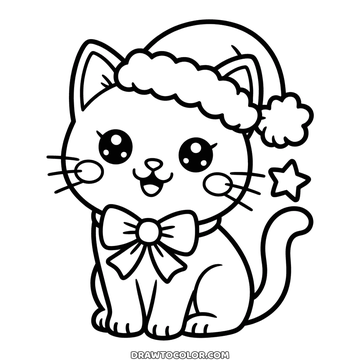 Cute Christmas kitten coloring page, sparkly eyes, a bow at her collar and a hat on one ear