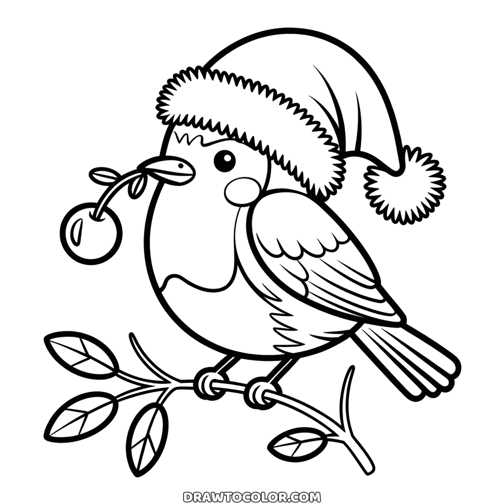 Easy coloring page: a Christmas robin in a Santa hat on a branch, a cherry in its beak