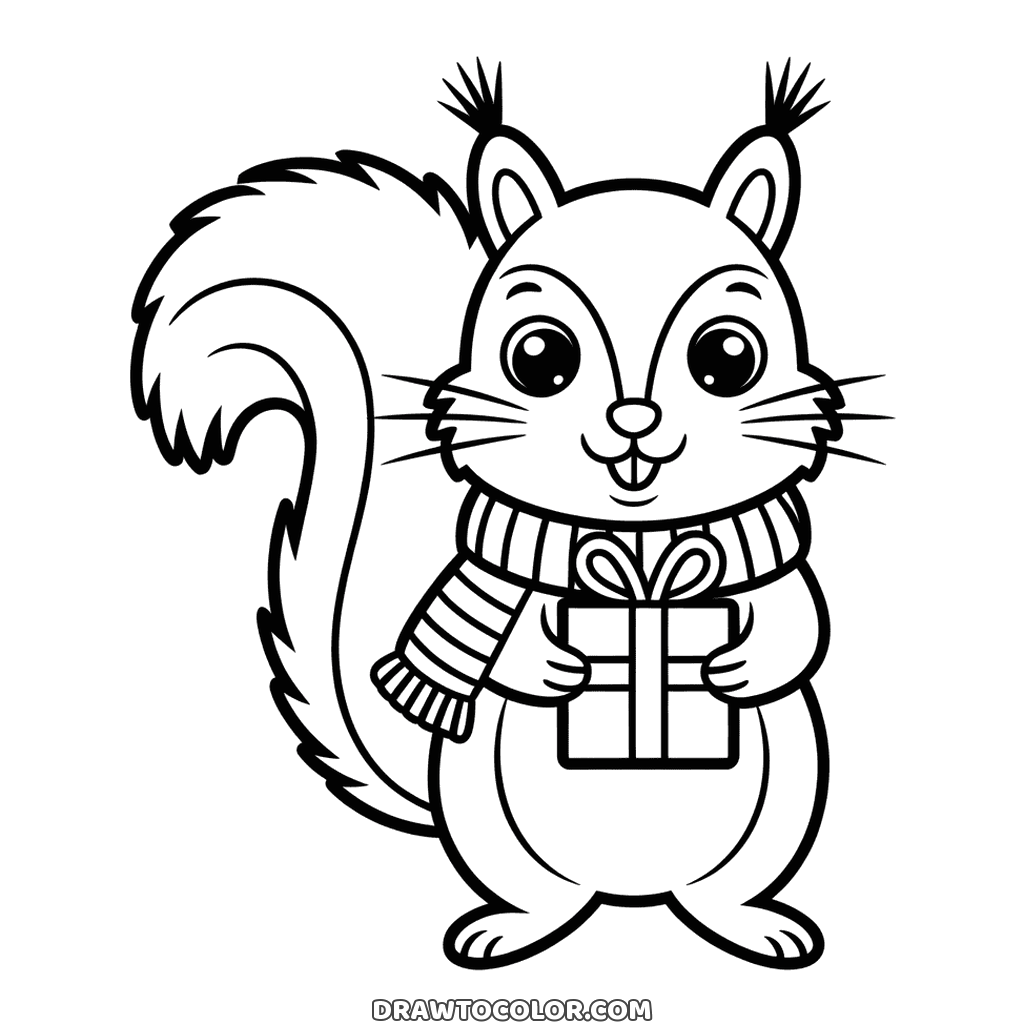 Coloring page for Christmas: a squirrel with tufted ears, a big bushy tail and a gift in its paws