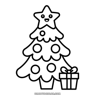 Easy coloring page for toddlers, a Christmas tree with a smiling star and a gift by the pot