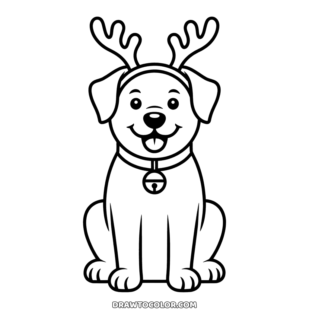 Dog in a reindeer antler headband with a jingle bell collar, a Christmas coloring page for toddlers