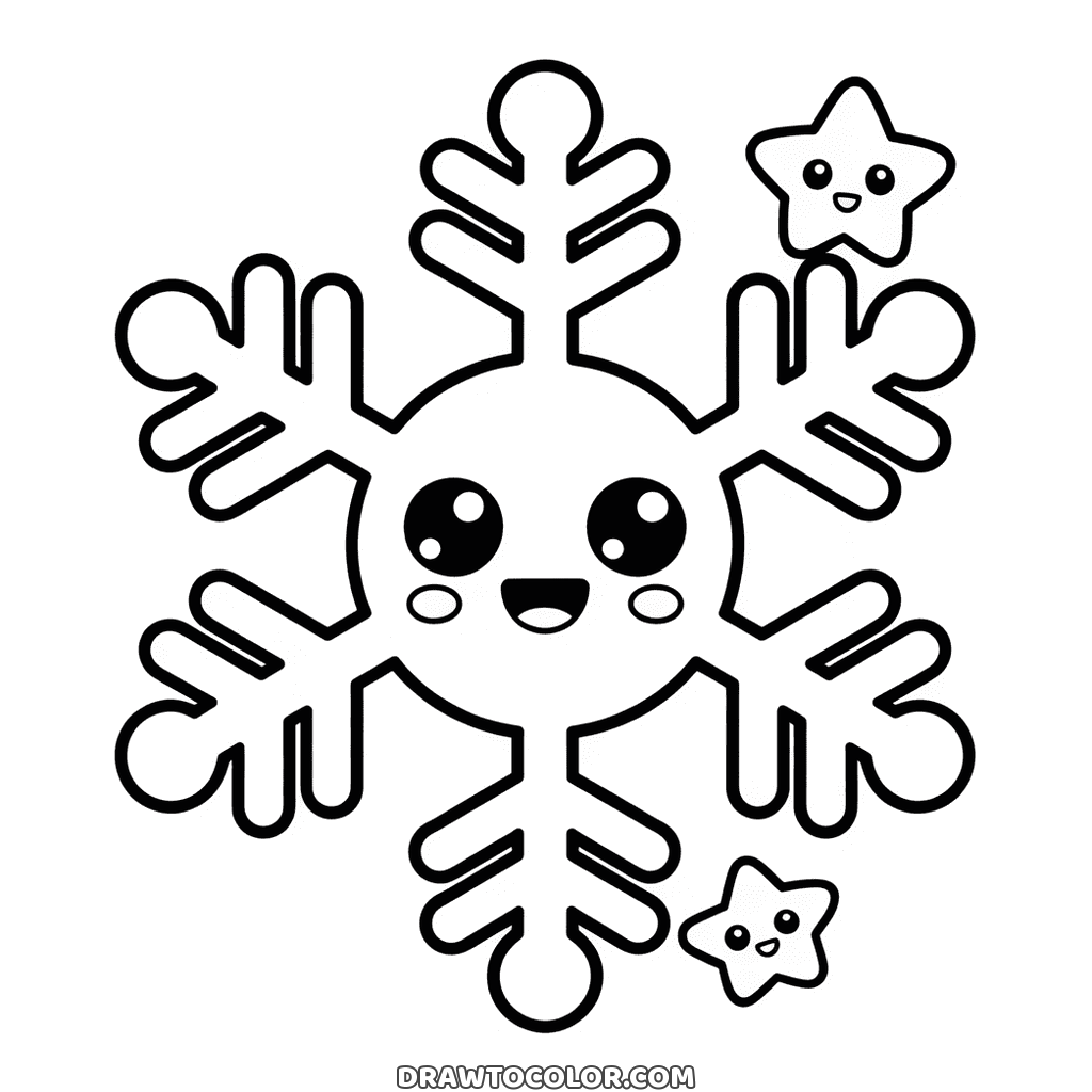 Snowflake with a happy face and six rounded branches, a Christmas coloring page with two tiny stars