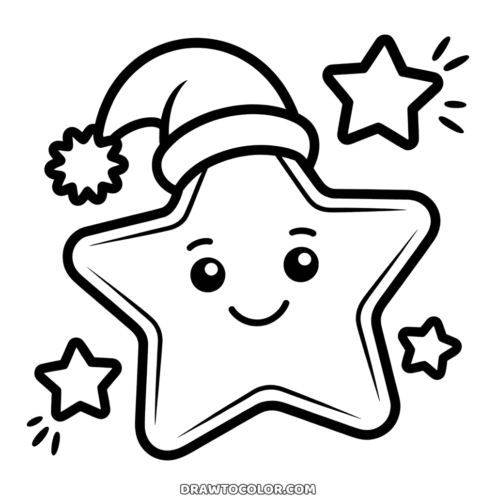 Easy star coloring page for Christmas: a big smiling star in a Santa hat among three small stars
