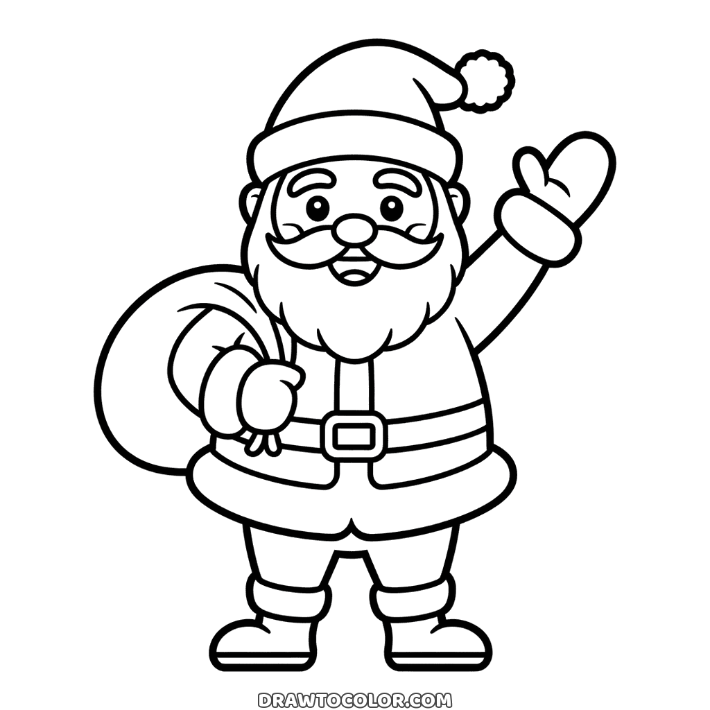 Easy drawing to print and color: Coloring page of Santa waving a mitten for Christmas, his sack of gifts slung over one shoulder
